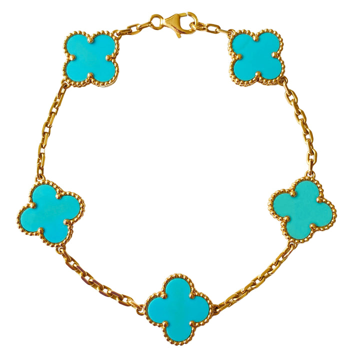 VAN CLEEF & ARPELS Turquoise Vintage Alhambra 5 Motifs Bracelet 18k Yellow Gold -  Dearluxe.com