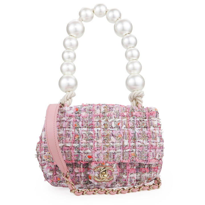 CHANEL Mini Pearl Handle Flap Bag in Pink Tweed - Dearluxe.com