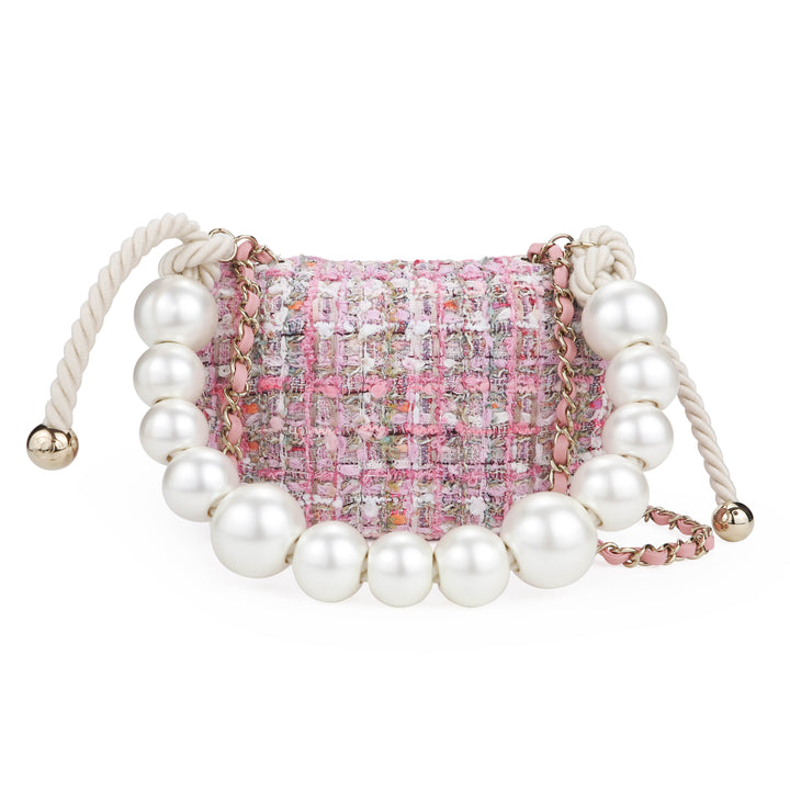 CHANEL Mini Pearl Handle Flap Bag in Pink Tweed - Dearluxe.com