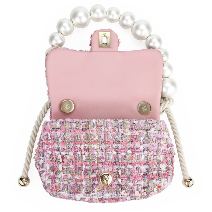 Chanel Pink Tweed Flap Bag With Large Pearl Handle - SS19 Collection