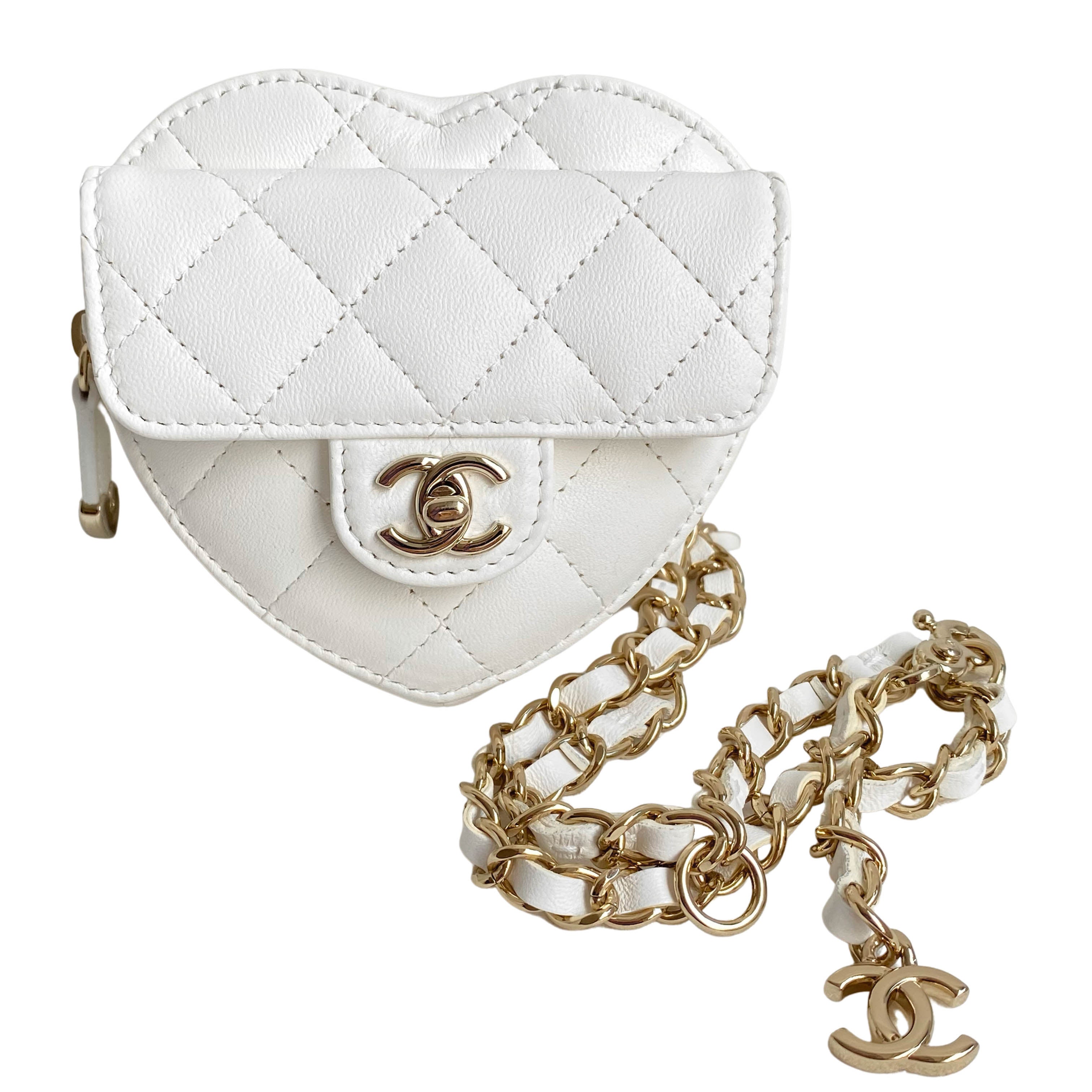 New CHANEL 22S Mini Heart Vanity Necklace Bag White Lambskin Leather bag  Vanity