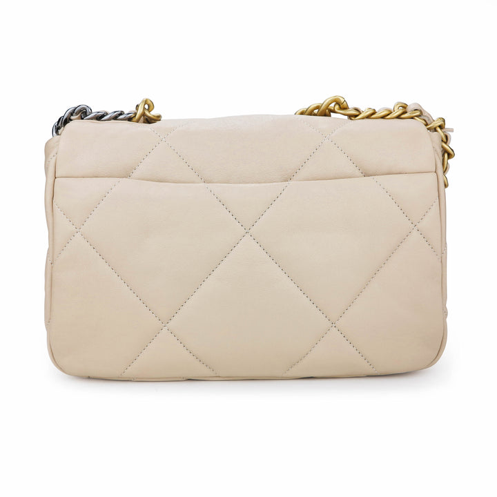 Excellent Used CHANEL 19 Small Flap Bag in Beige Goatskin Mix Hardware