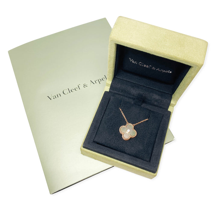 VAN CLEEF Vintage Alhambra 2014 Holiday Diamond Pendant Necklace in Grey MOP 18k Pink Gold - Dearluxe.com