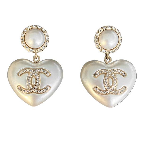 CHANEL 21B Heart Pearl Crystal CC Logo White Dangle Earrings  Dearluxe.com