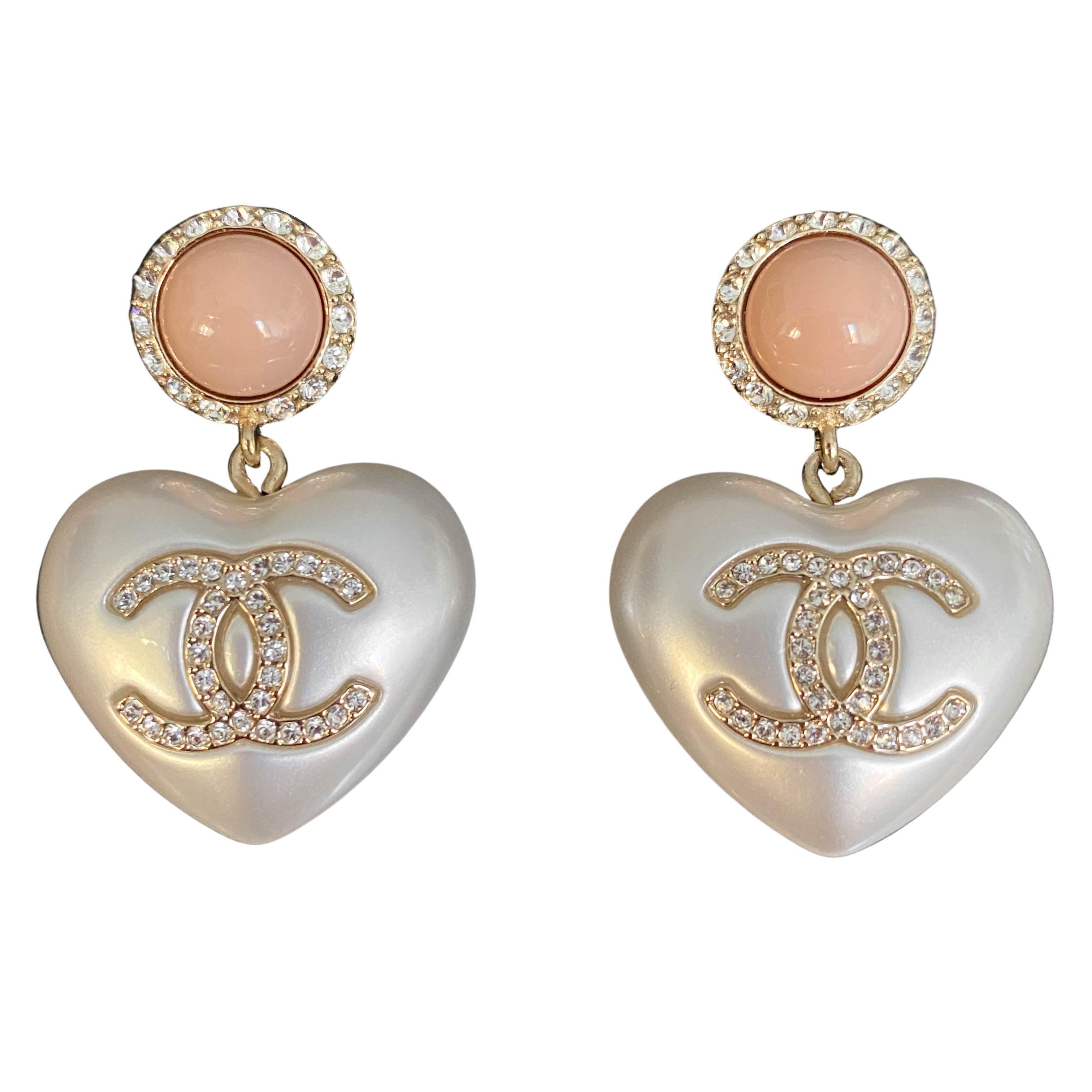 CHANEL 21B Heart Pearl Crystal CC Logo Pink Dangle Earrings