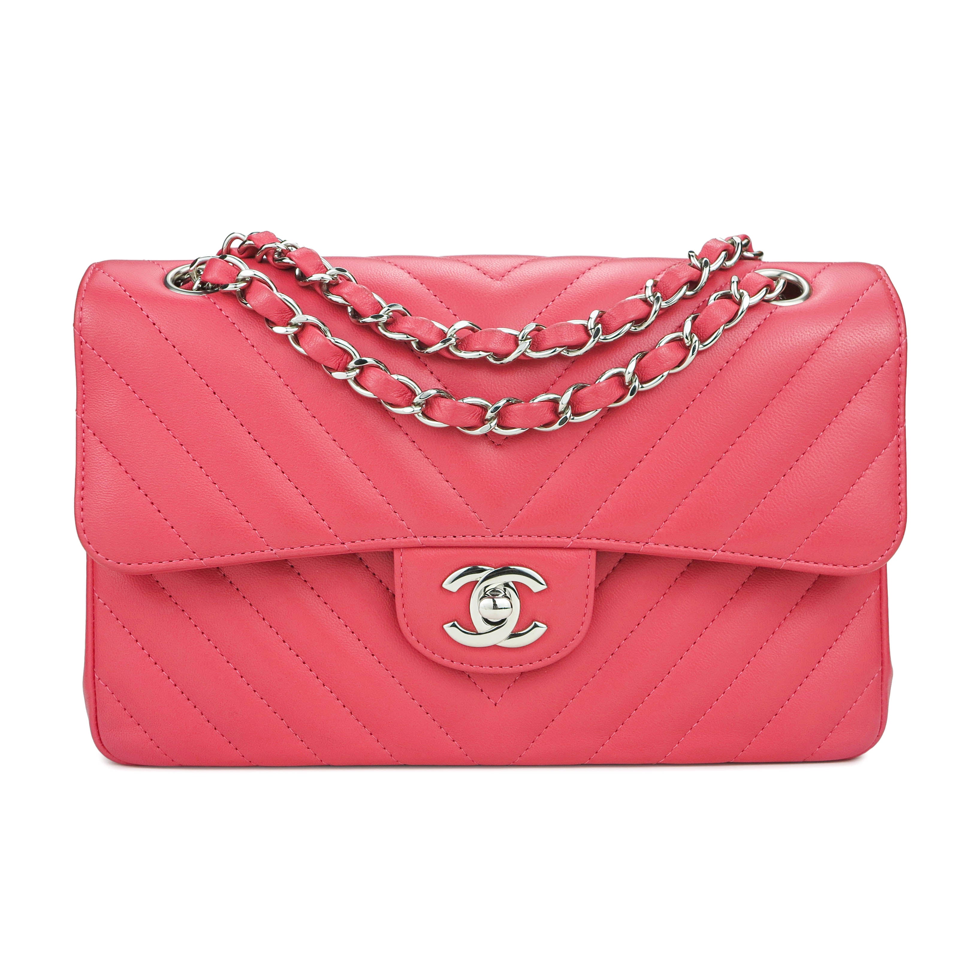 Small Chevron Classic Double Flap Bag in Coral Pink Lambskin