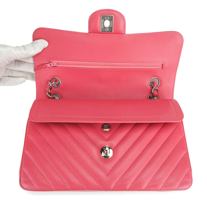 Small Chevron Classic Double Flap Bag in Coral Pink Lambskin