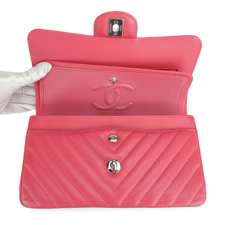 CHANEL Small Chevron Classic Double Flap Bag in Coral Pink Lambskin - Dearluxe.com