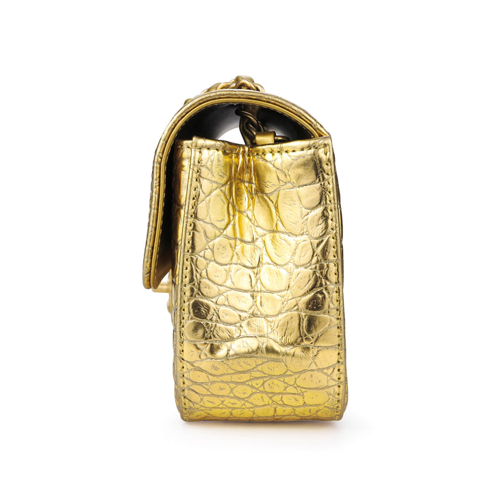Mini Rectangular Flap Bag in Gold Croc Embossed Calfskin