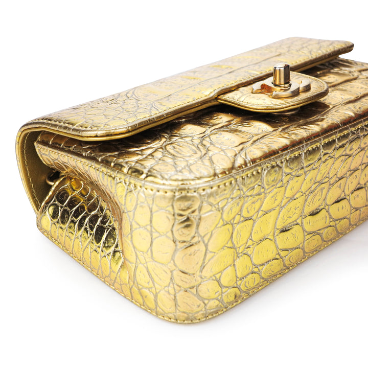 Chanel Classic Single Flap Bag Crocodile Embossed Metallic Calfskin Mini  Gold 176183179