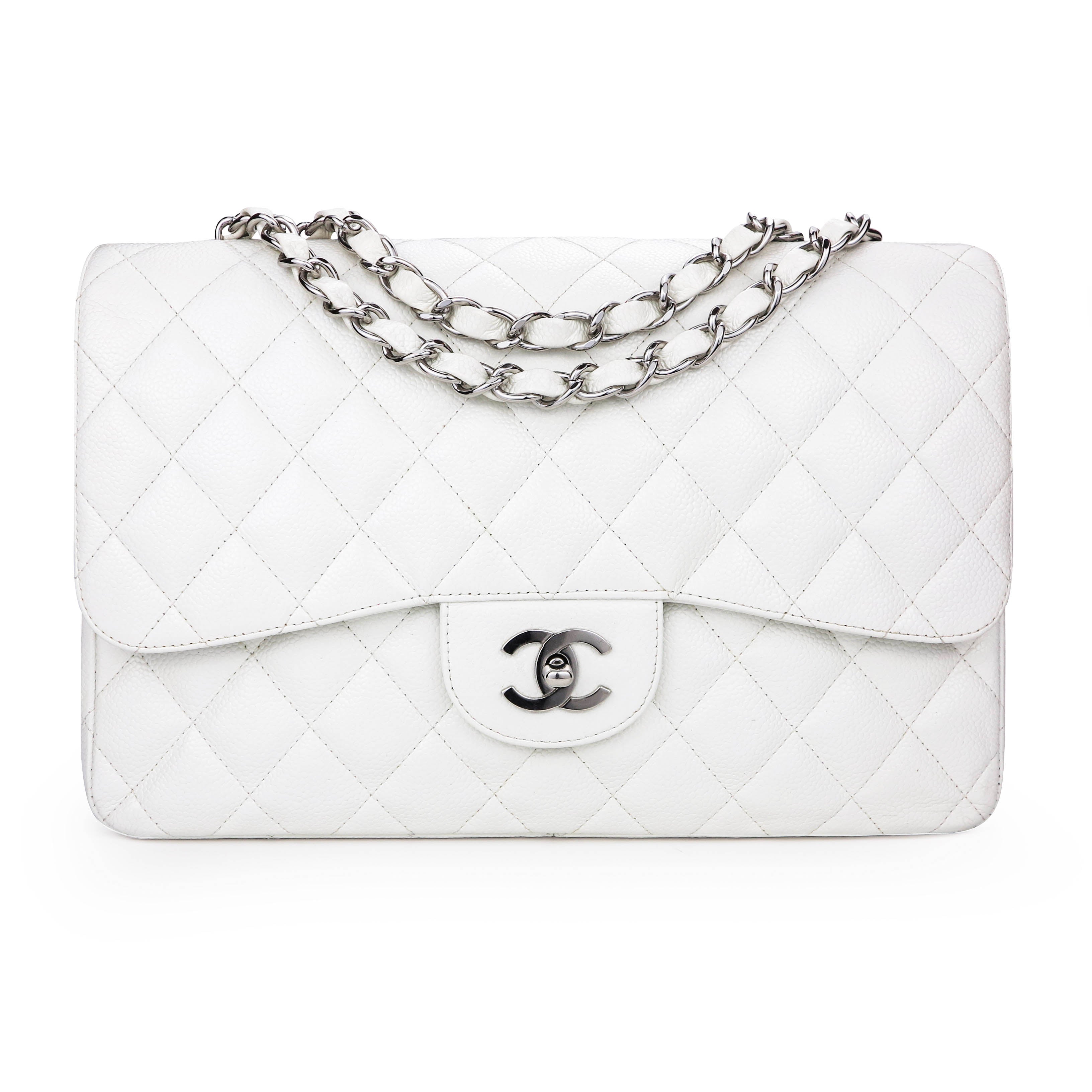Chanel White Caviar Leather Jumbo Double Flap Bag with Gold