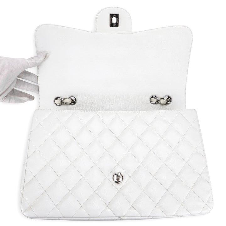 CHANEL Jumbo Classic Single Flap Bag in White Caviar SHW - Dearluxe.com
