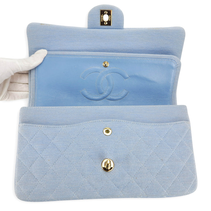 CHANEL Vintage Medium Classic Double Flap Bag in Light Blue Jersey - Dearluxe.com