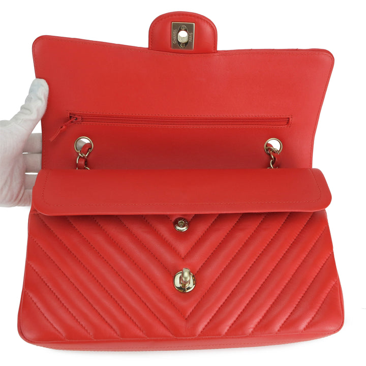 CHANEL Medium Classic Double Flap Bag in Chevron Red Lambskin
