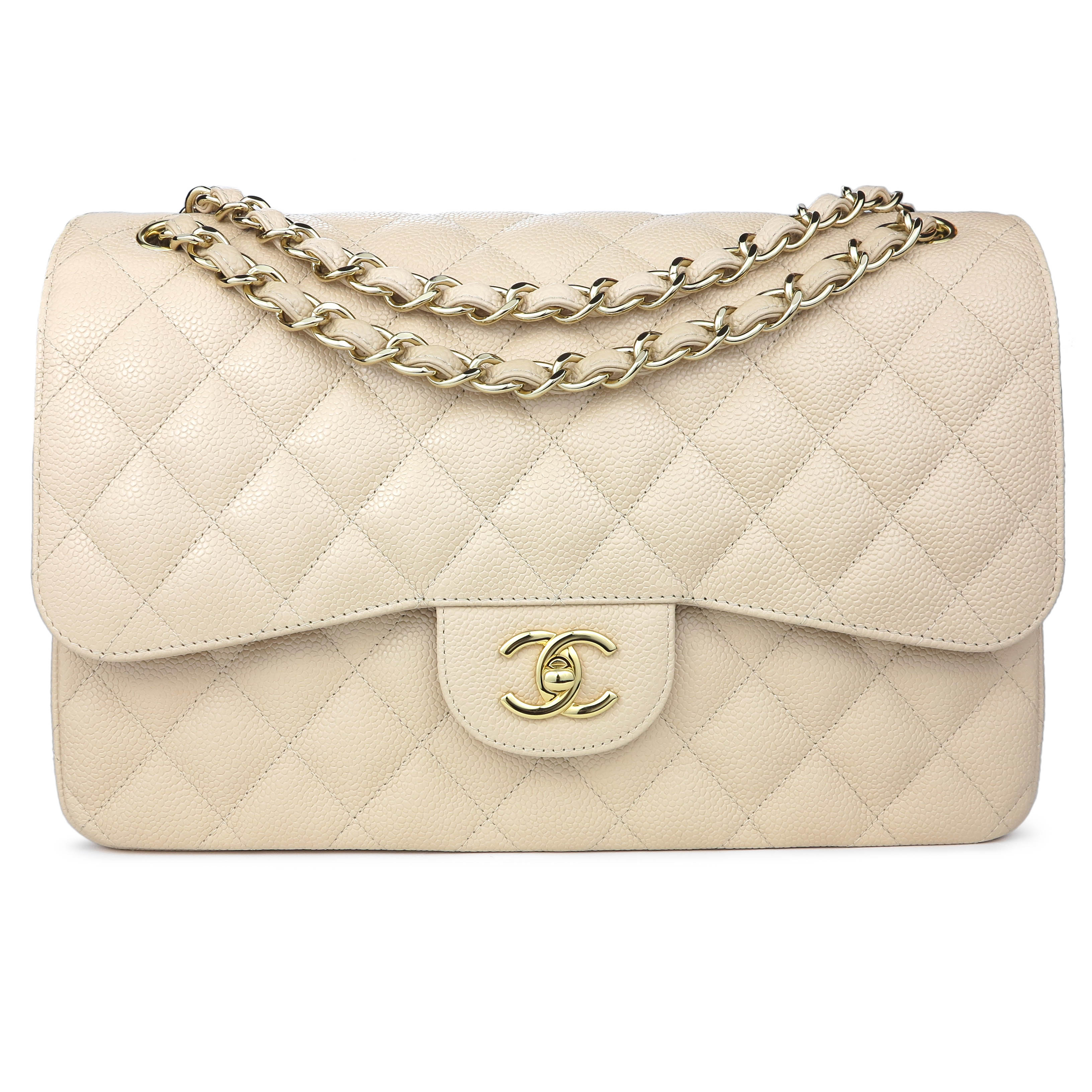 CHANEL Jumbo Classic Double Flap Bag in Beige Clair Caviar GHW