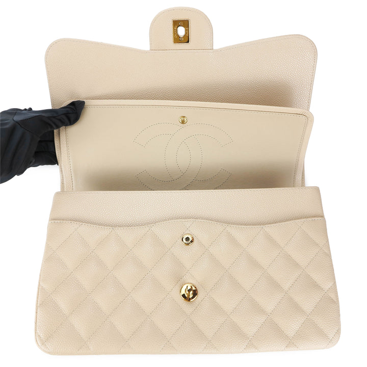 Chanel Beige Caviar Leather Classic Jumbo Double Flap GHW – On Que Style