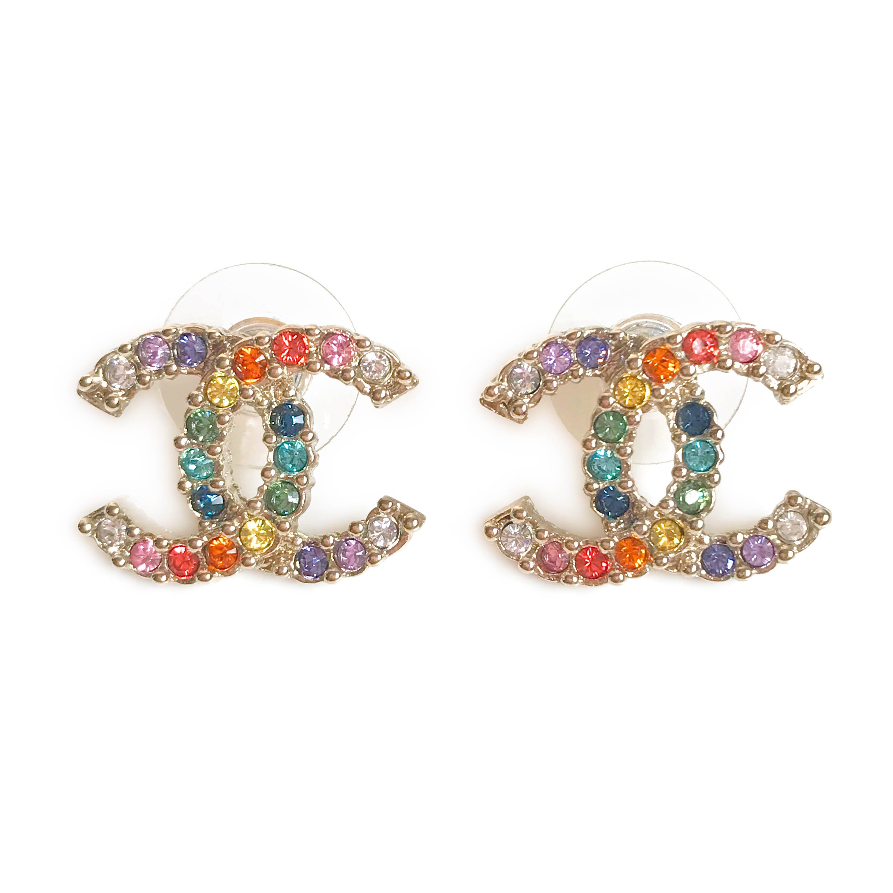 CHANEL Rainbow Crystal Large CC Logo Stud Earrings