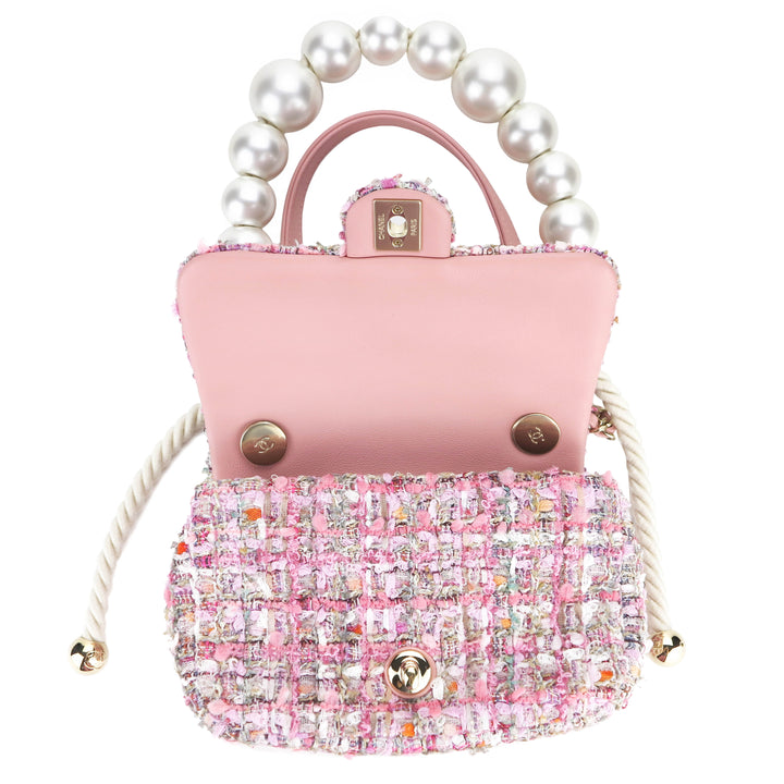 CHANEL 19S Mini Pearl Handle Flap Bag in Pink Tweed