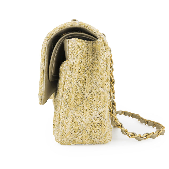 CHANEL Raffia Woven Straw Medium Classic Double Flap Bag