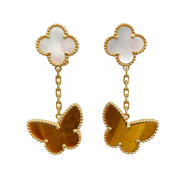 VAN CLEEF & ARPELS Lucky Alhambra Mother-of-Pearl Tiger Eye Butterly Dangle Earring - Dearluxe.com