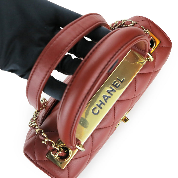 Small Trendy CC Flap Bag with Top Handle in Red Lambskin