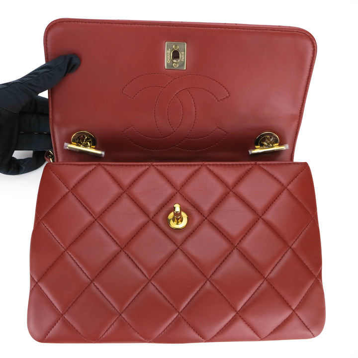 Small Trendy CC Flap Bag with Top Handle in Red Lambskin
