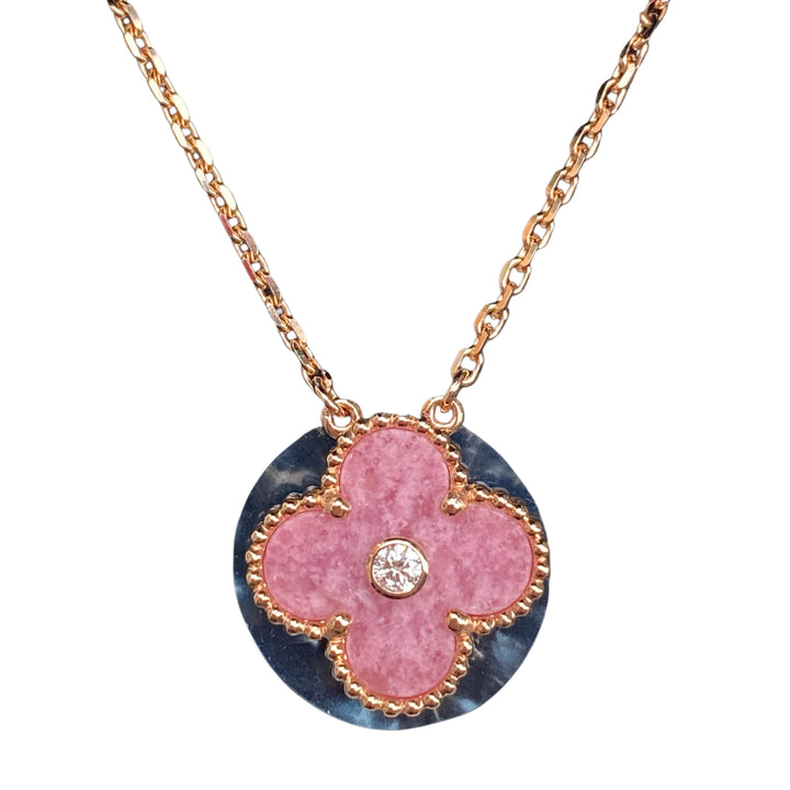 VAN CLEEF & ARPELS Rhodonite Vintage Alhambra Diamond 2021 Holiday Pendant Necklace - Dearluxe.com
