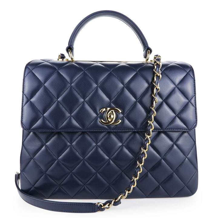 Chanel Large Trendy CC Handle Flap Bag in Navy Blue Lambskin | Dearluxe
