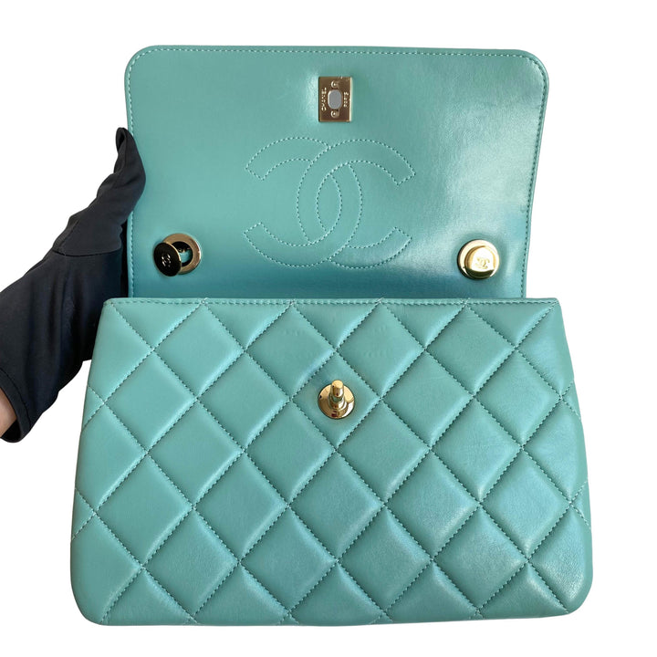 Chanel Small Trendy CC Flap Bag with Top Handle in Tiffany Blue Lambskin | Dearluxe