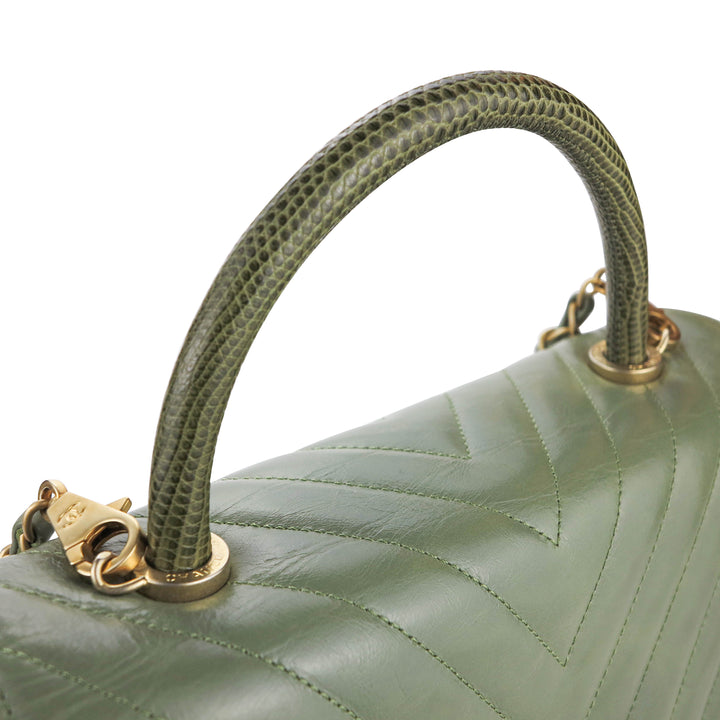 CHANEL Small Chevron Coco Handle Bag with Lizard Handle in Khaki Green - Dearluxe.com