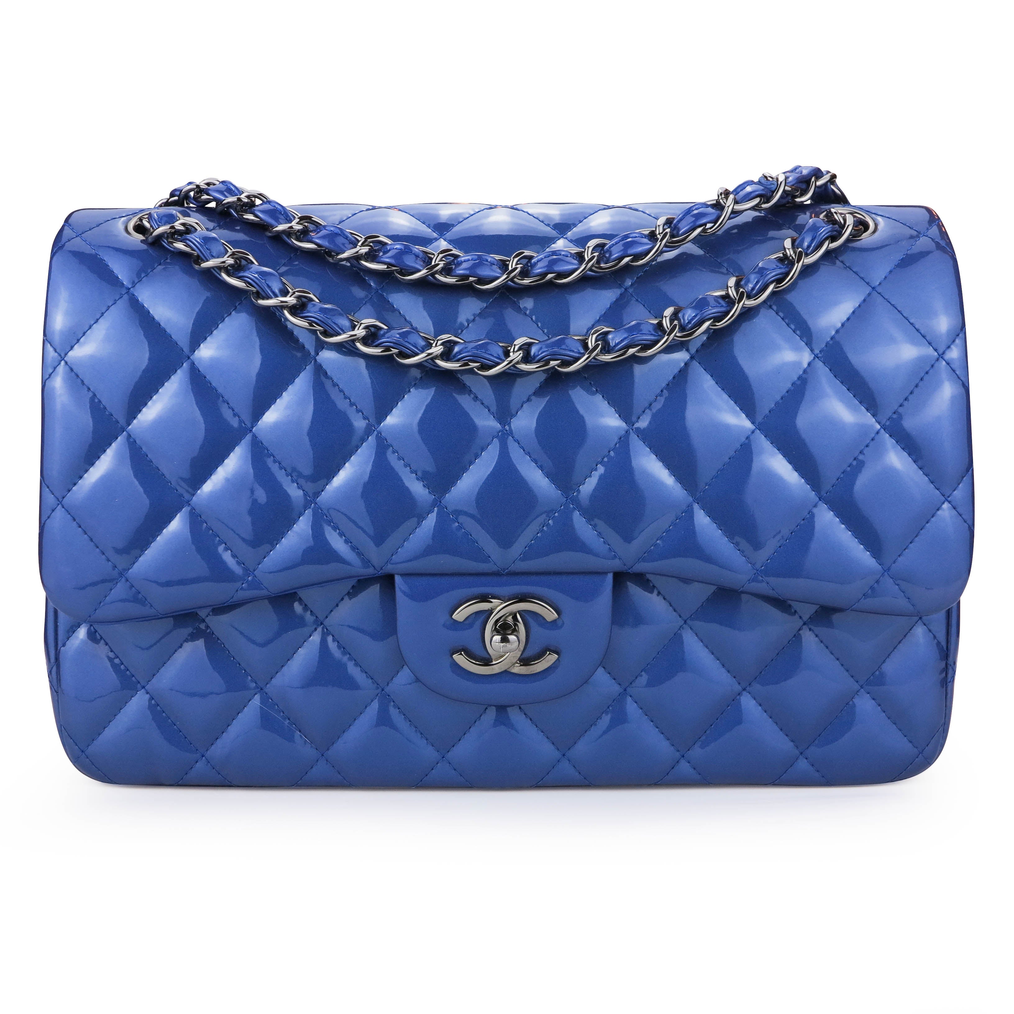 Chanel Jumbo Classic Double Flap Bag in Blue Patent Leather | Dearluxe