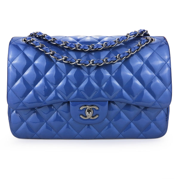 Jumbo Classic Double Flap Bag in Blue Patent Leather
