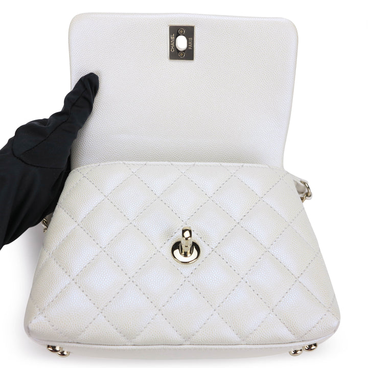 Chanel Coco Handle Extra Mini, Iridescent White Caviar with Gold Hardware,  New in Box