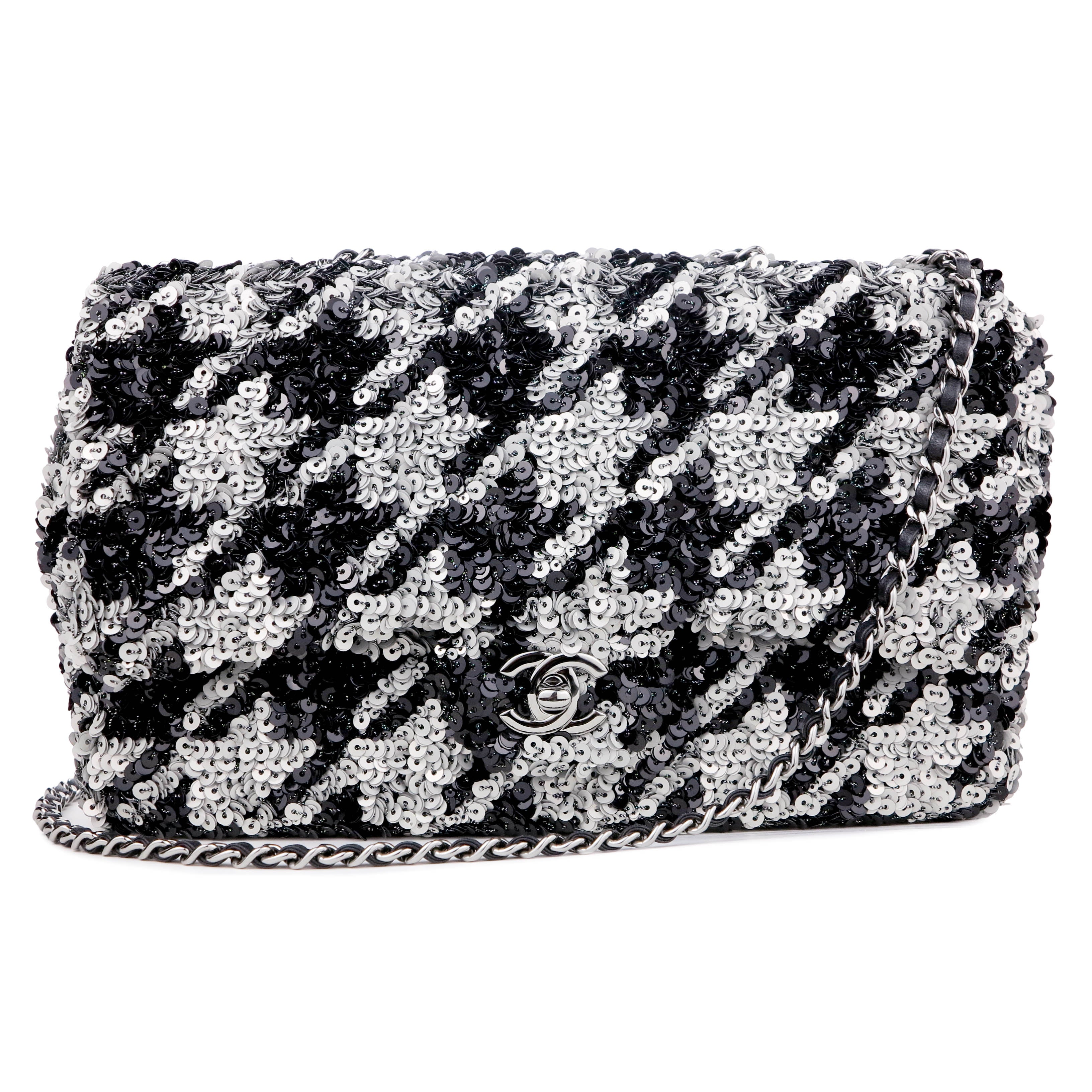 CHANEL Houndstooth Sequin Medium Flap Bag in Silver and Black