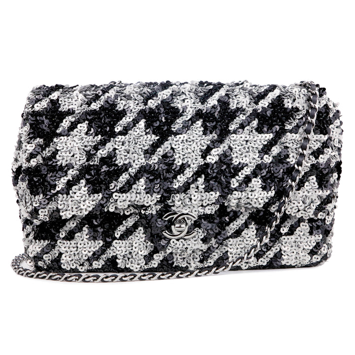 CHANEL Houndstooth Sequin Medium Flap Bag in Silver and Black - Dearluxe.com