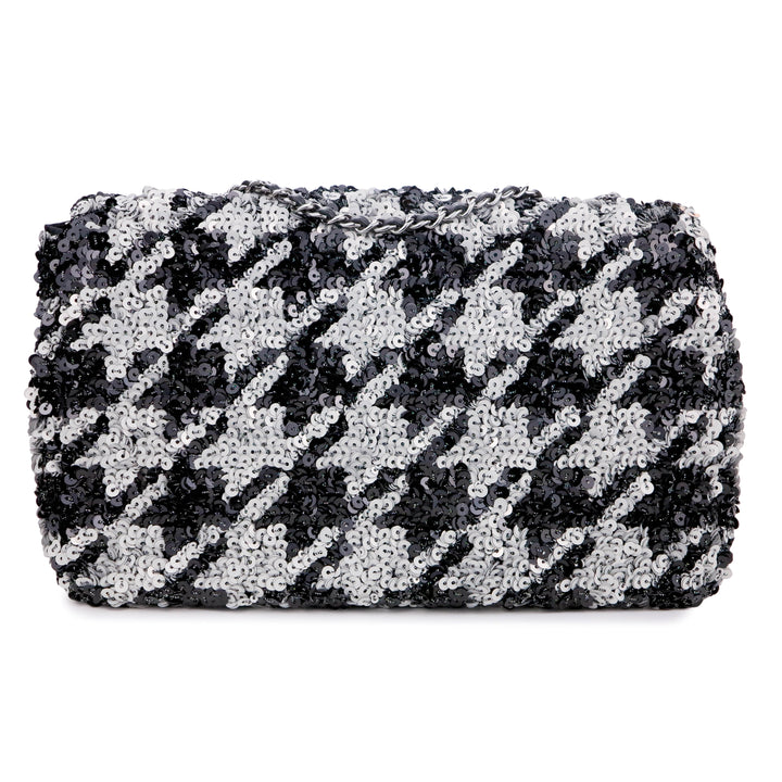 CHANEL Houndstooth Sequin Medium Flap Bag in Silver and Black - Dearluxe.com