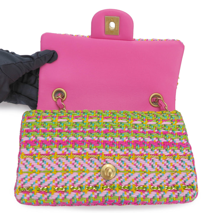 CHANEL 21C Pink Green Chain Tweed Mini Rectangular Flap Bag - Dearluxe.com