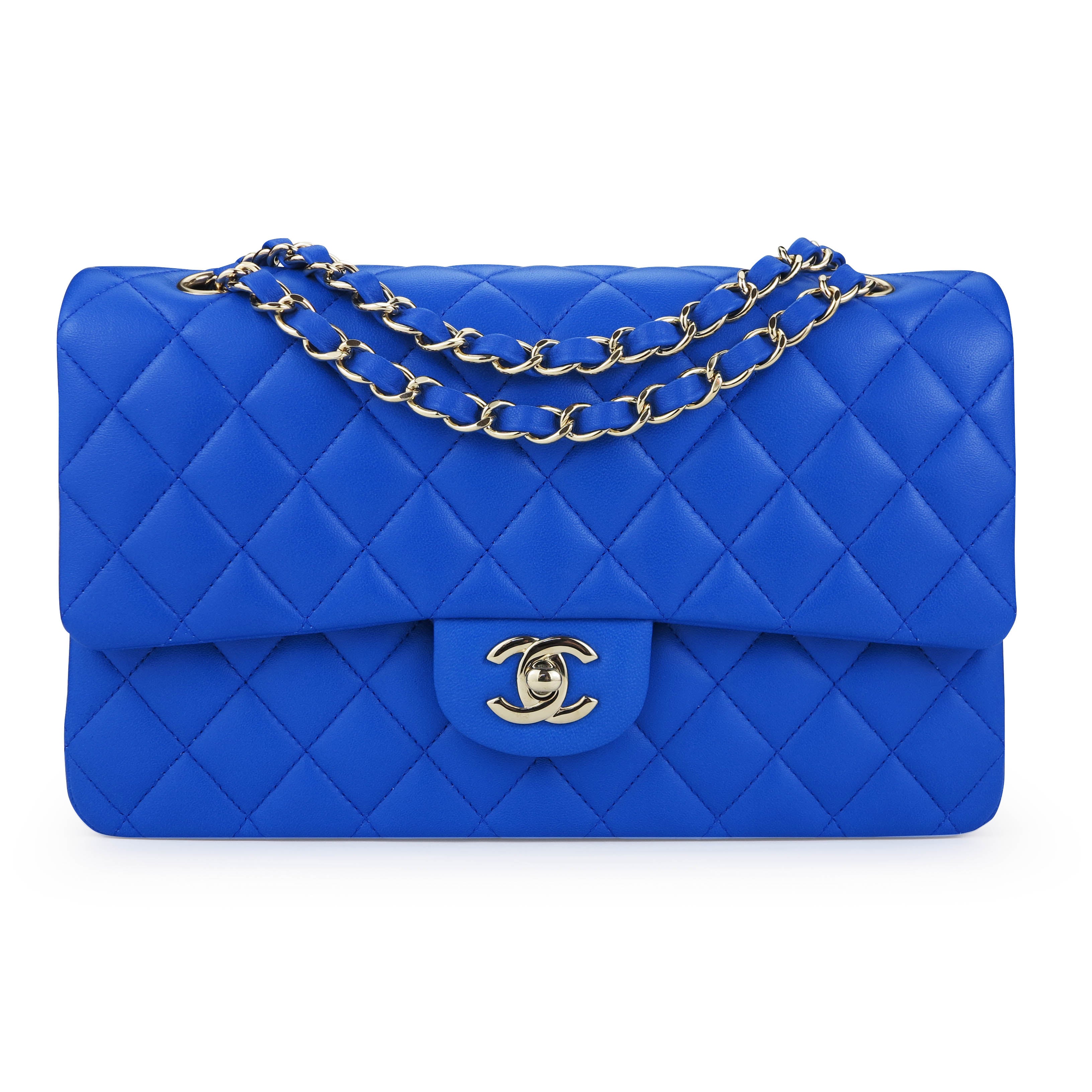 Chanel Classic Double Flap Bag In Light Blue Quilted Lambskin And 24K  Gold-Plated Hardware