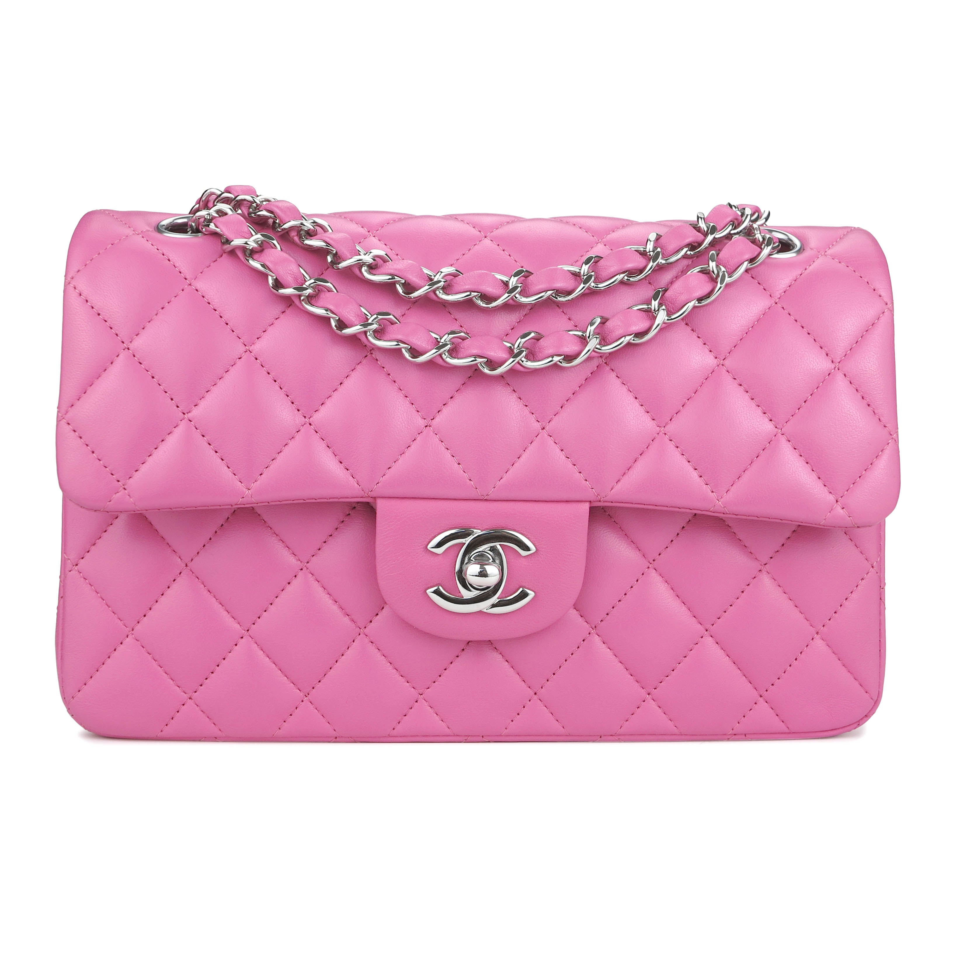 Small Classic Double Flap Bag in Barbie Pink Lambskin