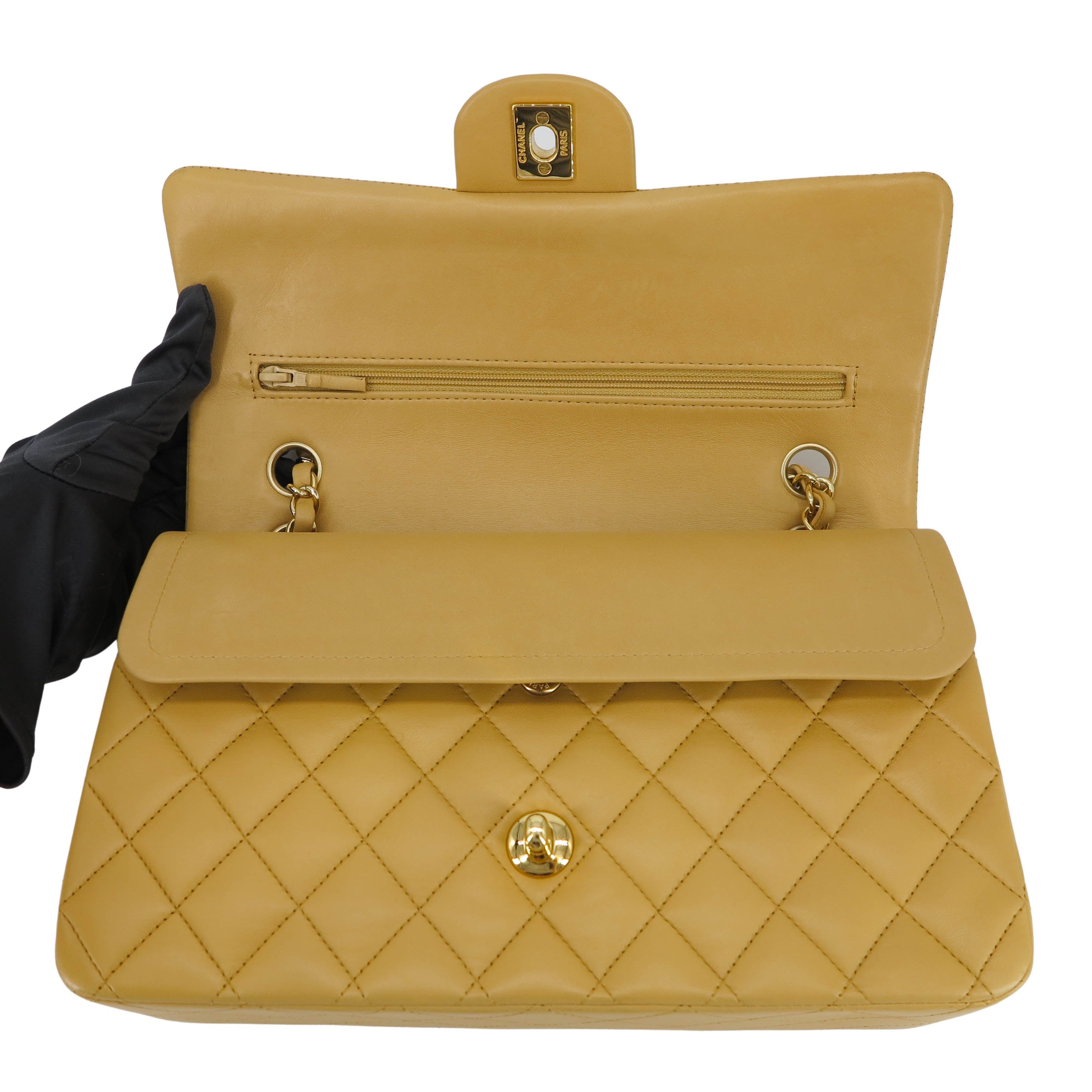 CHANEL Medium Classic Double Flap Bag in Dark Beige Lambskin