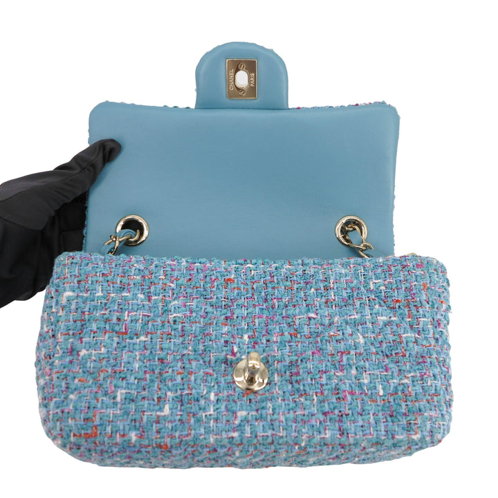 Chanel Mini Rectangular Flap Bag Blue Tweed Light Gold Hardware