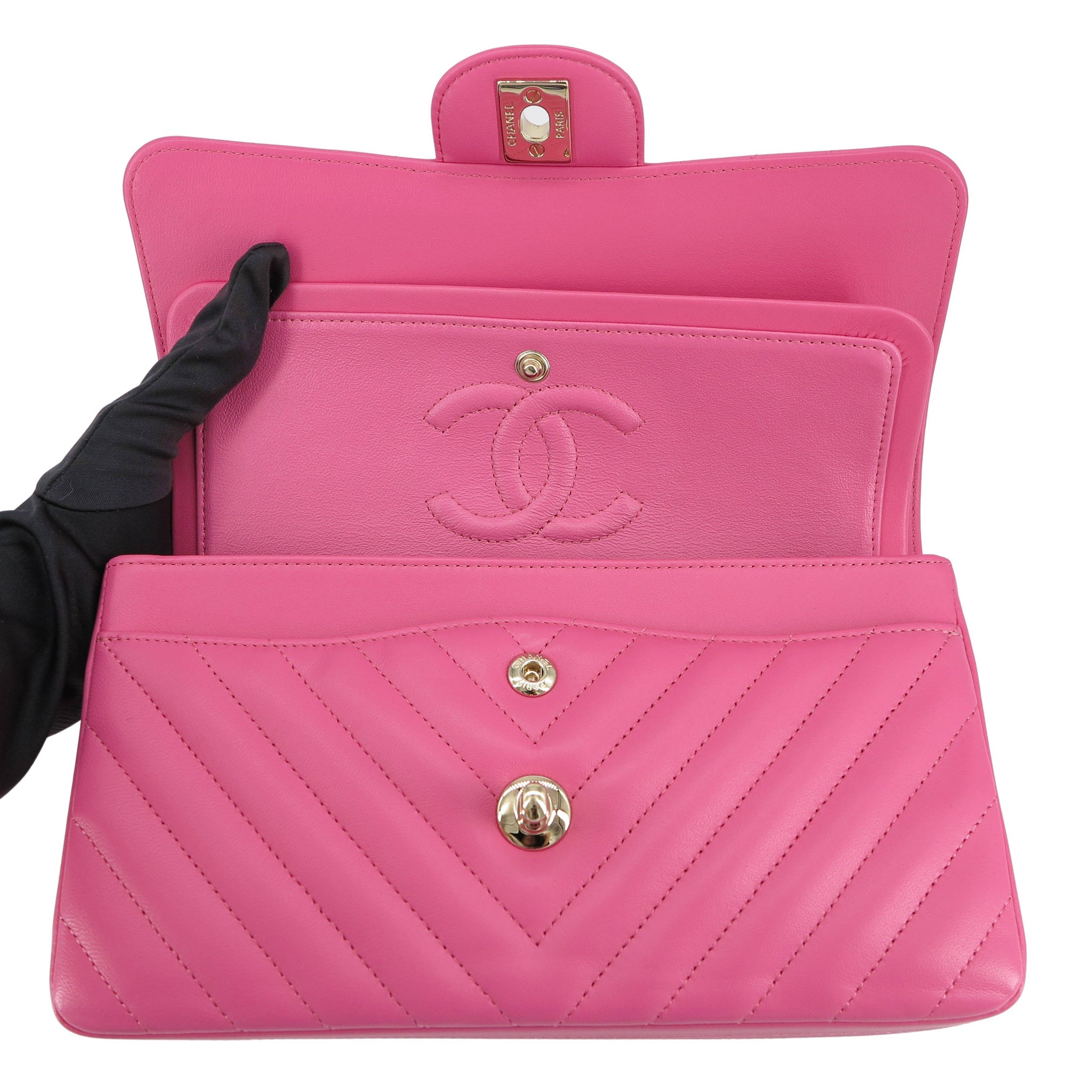 CHANEL Small Chevron Classic Double Flap Bag in 19C Barbie Pink | Dearluxe