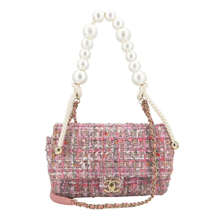 CHANEL 19S Pink Tweed Pearl Handle Medium Flap Bag