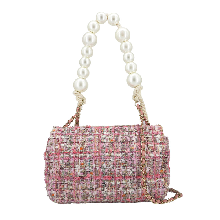 19S Pink Tweed Pearl Handle Medium Flap Bag