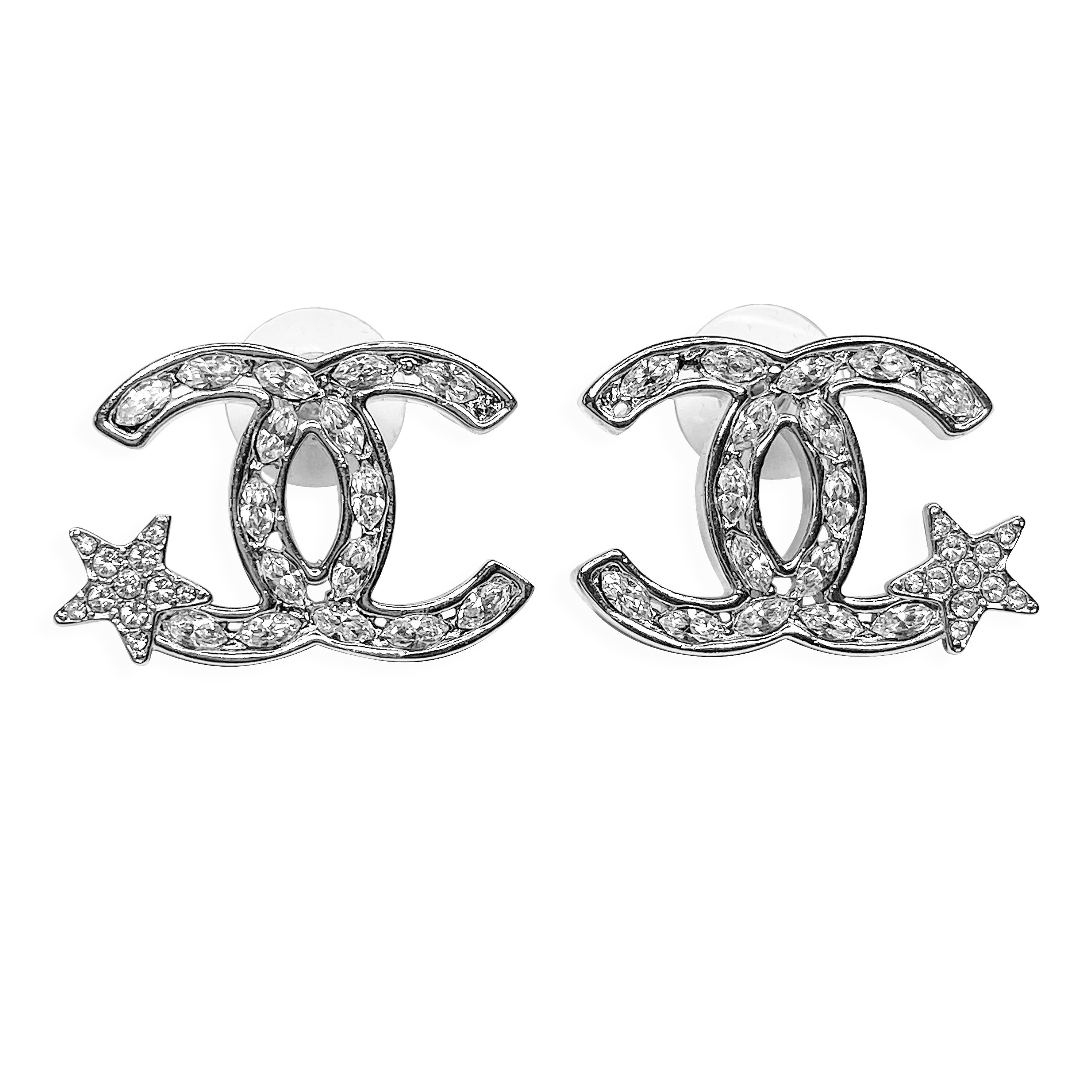 CHANEL Star Crystal CC Logo Large Stud Earrings