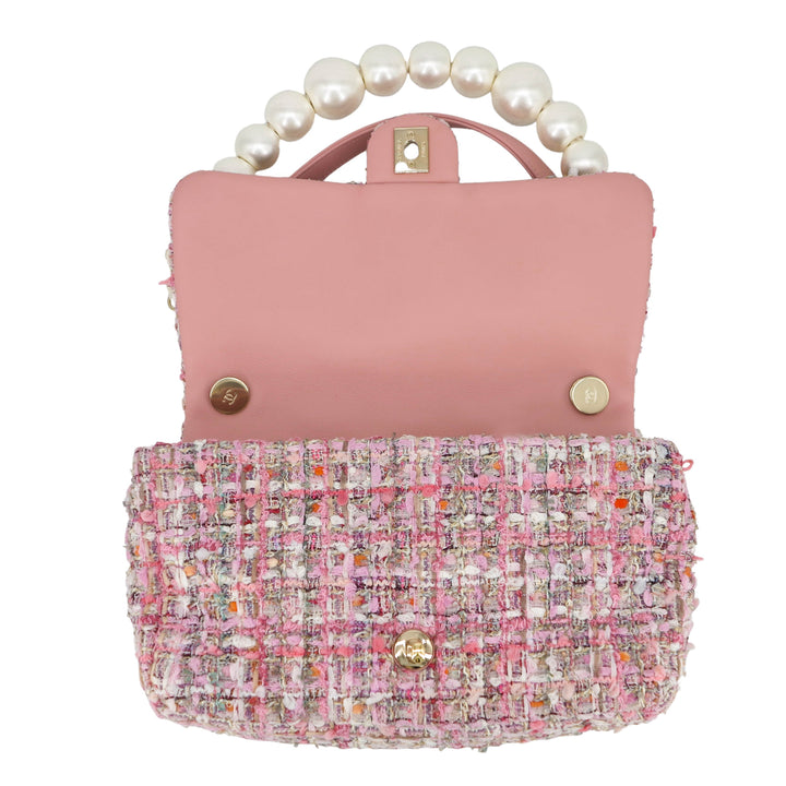 19S Pink Tweed Pearl Handle Medium Flap Bag