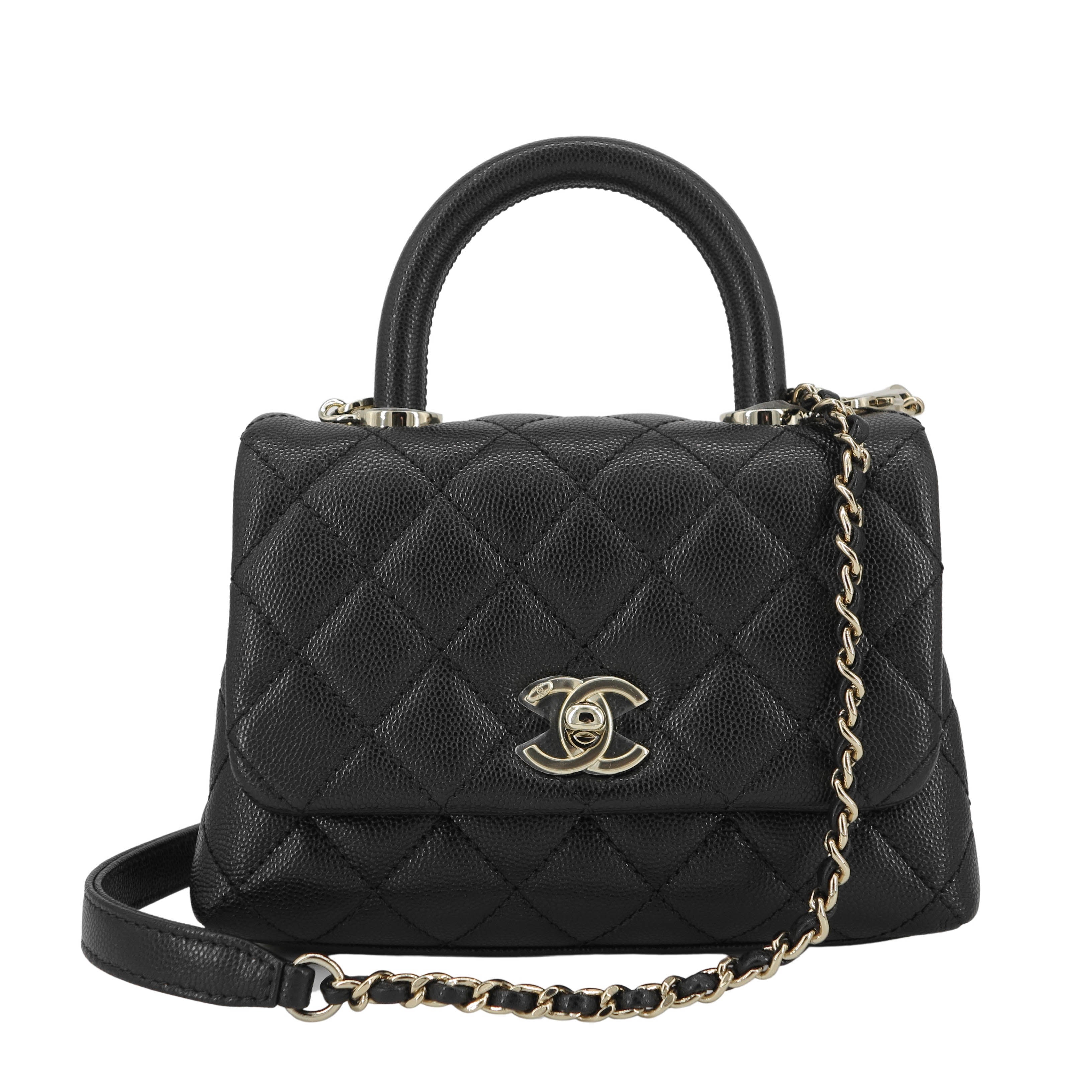 CHANEL Black Extra Mini Coco Handle Flap Shoulder Bag Quilted Caviar Leather