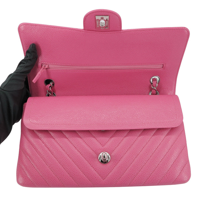 Chanel Chevron Medium Classic Double Flap Bag in Bubble Gum Pink Caviar | Dearluxe