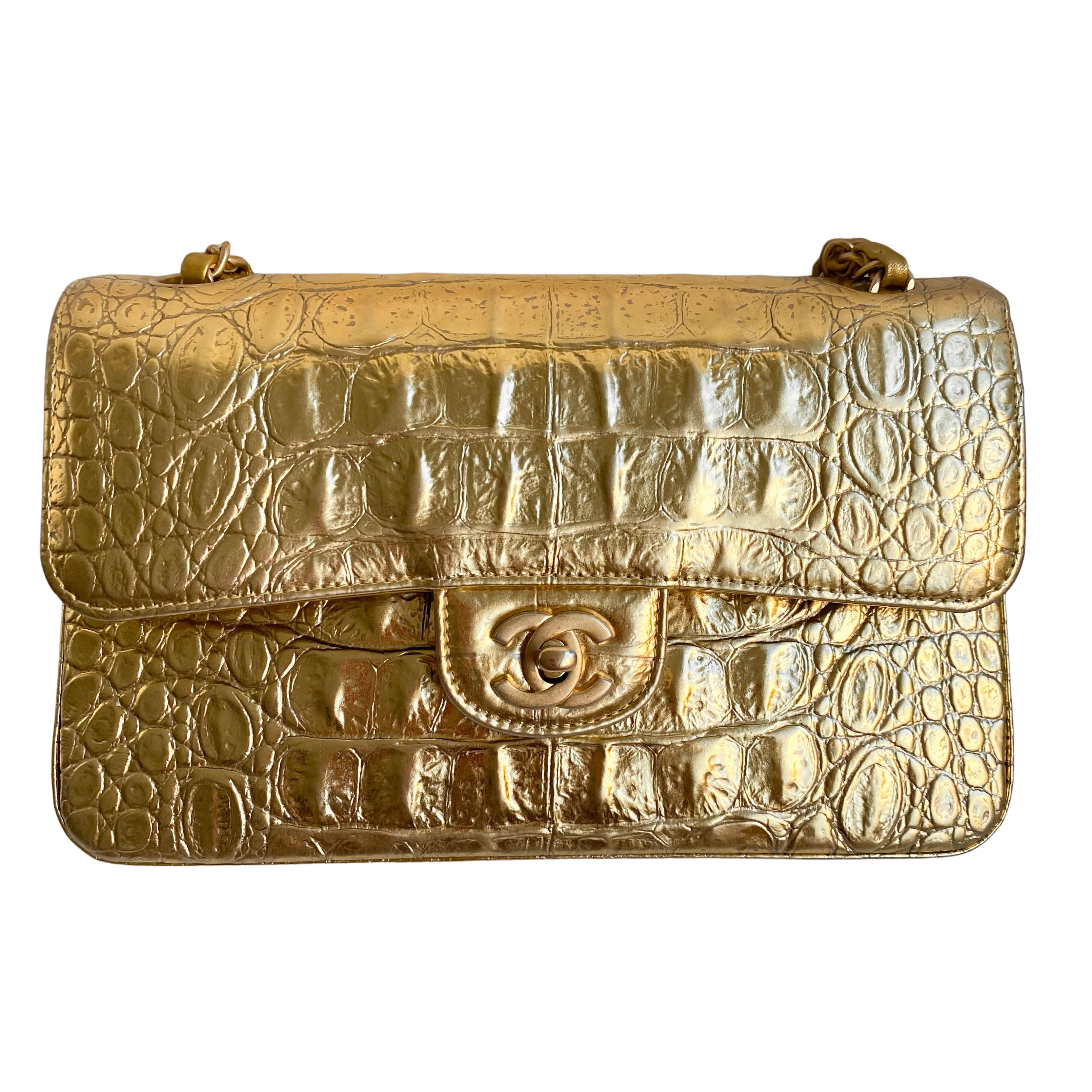 CHANEL Gold Metallic Crocodile Embossed Leather Small Wallet