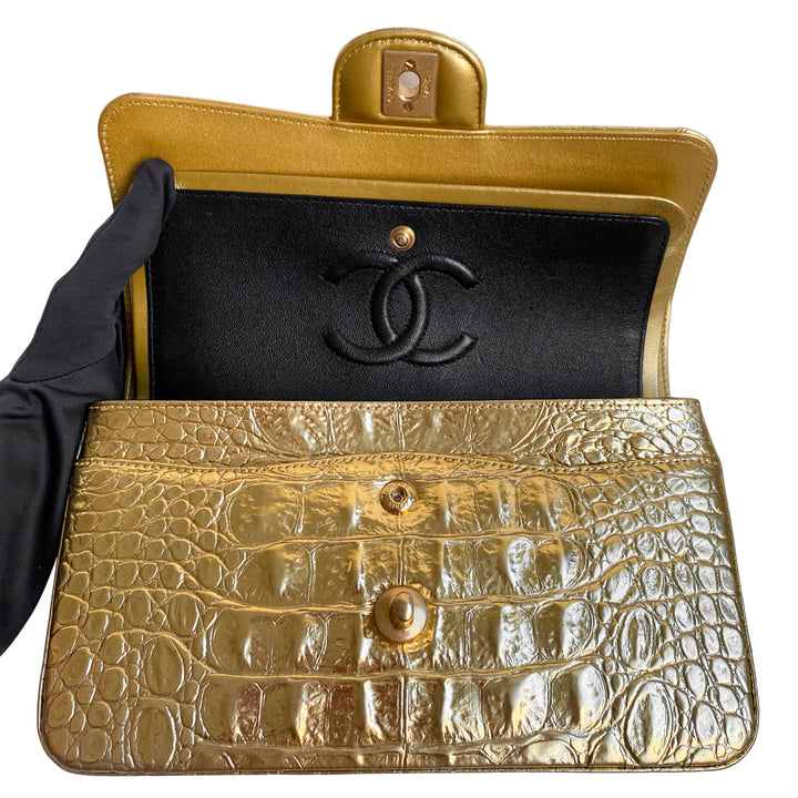 19A Gold Croc Embossed Calfskin Small Classic Double Flap Bag